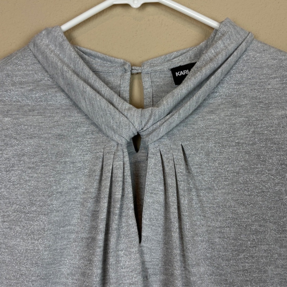 Karl Lagerfeld Paris Silver Shimmer Pleated Front/Keyhole Knit 3/4 Sleeve Blouse - Picture 3 of 10